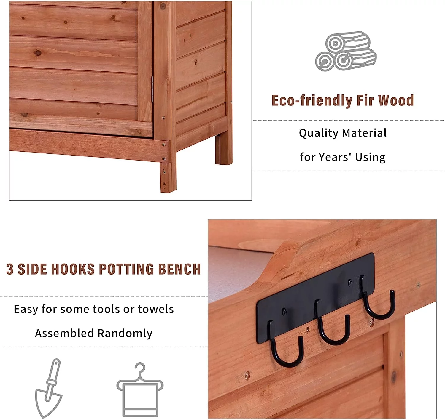 Outdoor Storage Shed with Floor, Waterproof Wooden Storage Cabinet, Tool Shed with Potting Benches, Rustic Wooden Garden Shed Organizer with Shelves and Hooks, Fir Wood (Orange)