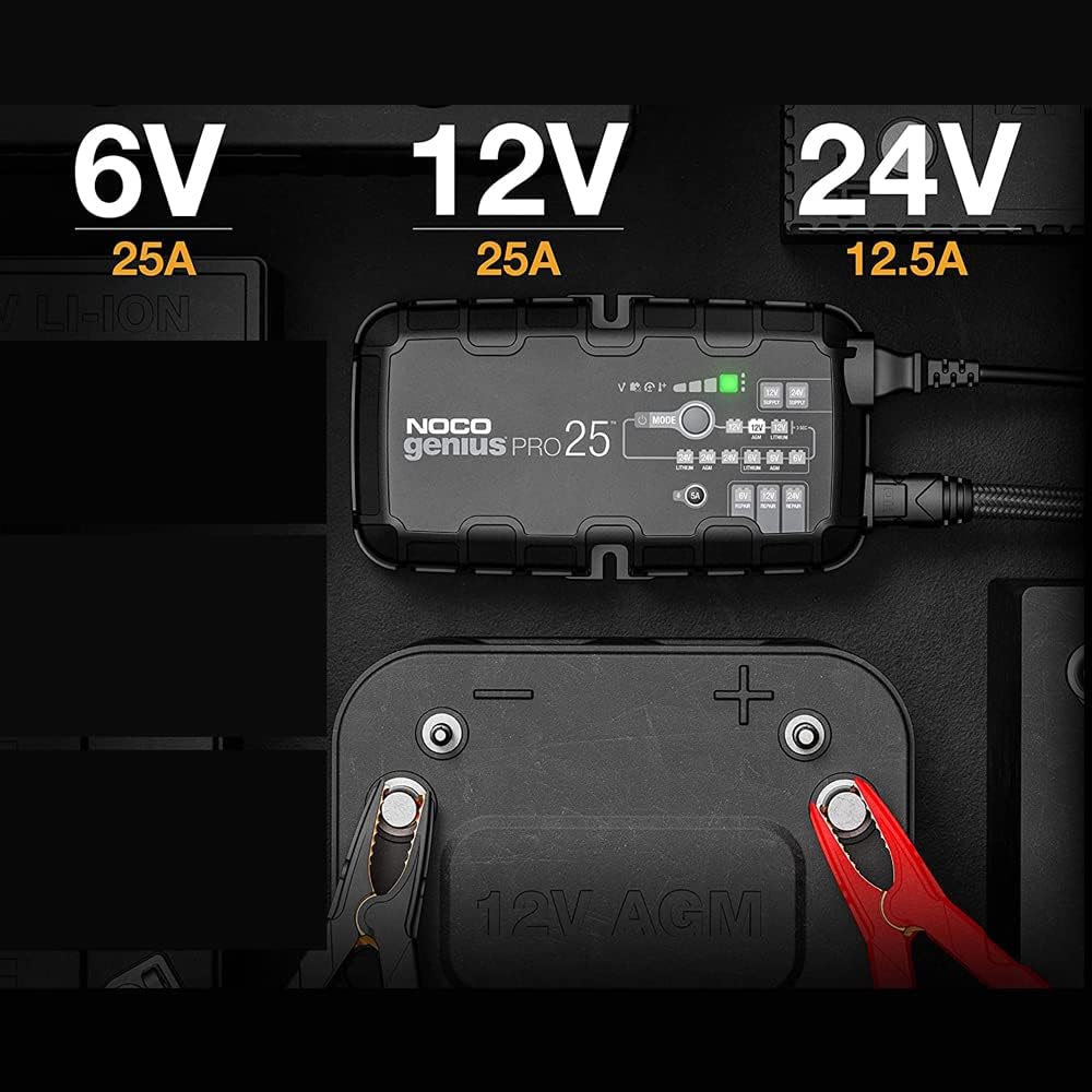 NOCO GENIUSPRO25, 25-Amp Fully-Automatic Professional Smart Charger, 6V, 12V and 24V Battery Charger, Battery Maintainer, Power Supply, and Battery Desulfator with Temperature Compensation