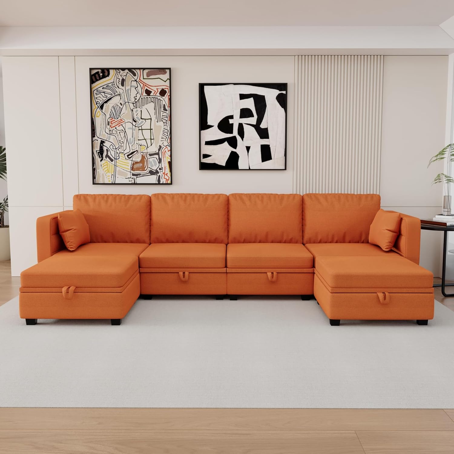 110.2" U Shaped Sectional Sofa Couch, Convertible Modular Sectional Sofa 6 Seat Oversized Modern Fabric Couch with Storage Seat for Living Room Apartment Office (Orange)