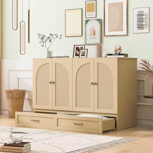 Full Size Murphy Bed Cabinet, Solid Wood Murphy Bed with Charging Station and Large Storage Drawer, Wall Mounted Foldable Platform Bed, Space Saving for Guest Room, Office, Gray