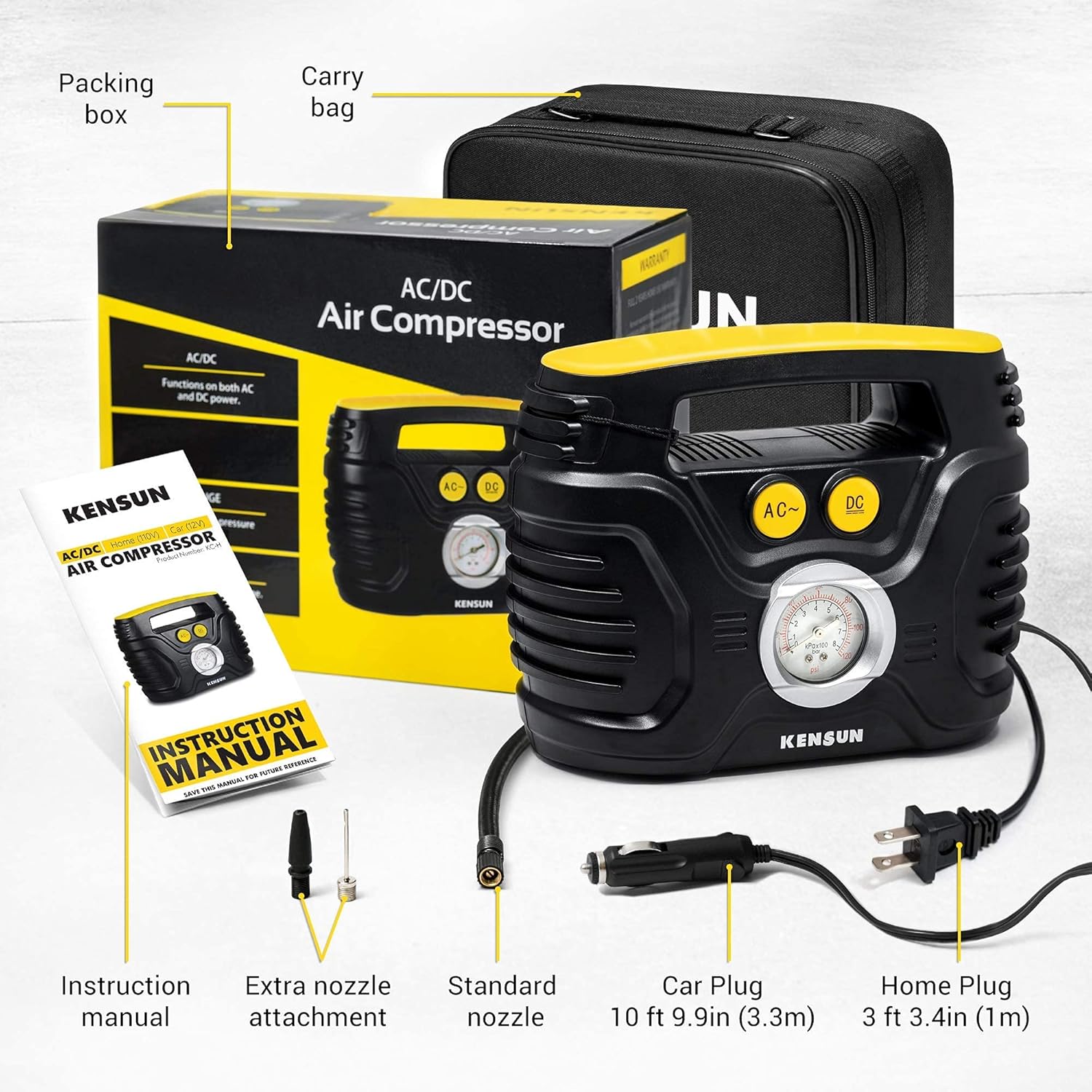 Kensun Portable Air Compressor Pump for Car 12V DC and Home 110V AC Swift Performance Tire Inflator 100 PSI for Car - Bicycle - Motorcycle - Basketball and Others with Analog Pressure Gauge (AC/DC)