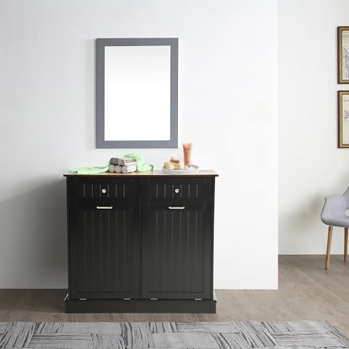 Tilt Out Trash Can Cabinet with Double Hidden Trash Can Holder, Kitchen Free Standing Recycling Cabinet,Dog Proof Trash Can,Wood (Teal)