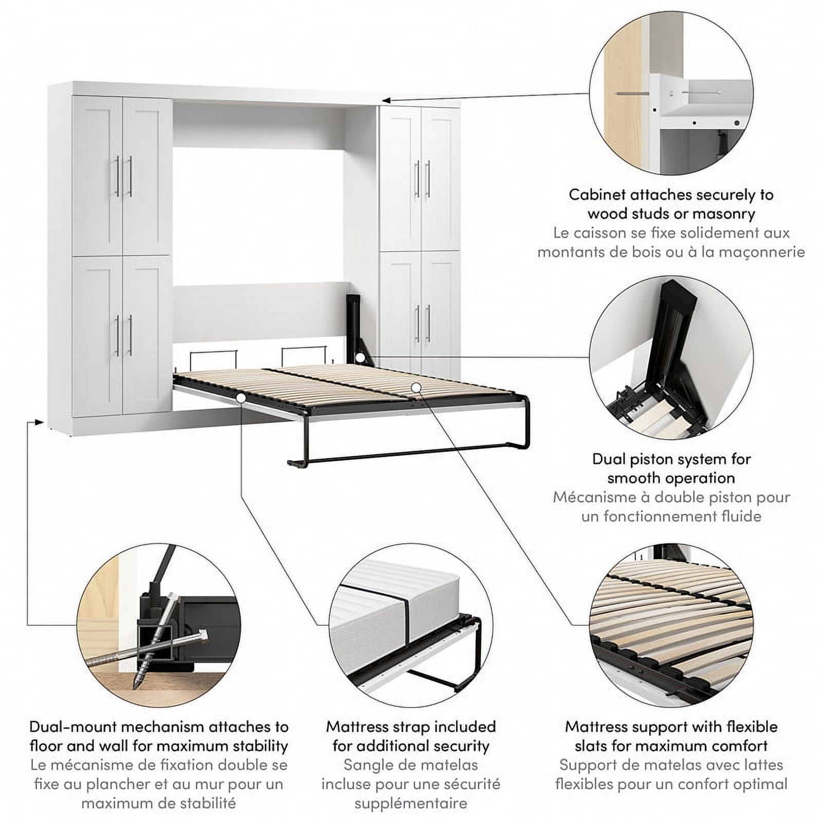 Bestar Pur Engineered Wood Full Murphy Bed with Storage Cabinets in White