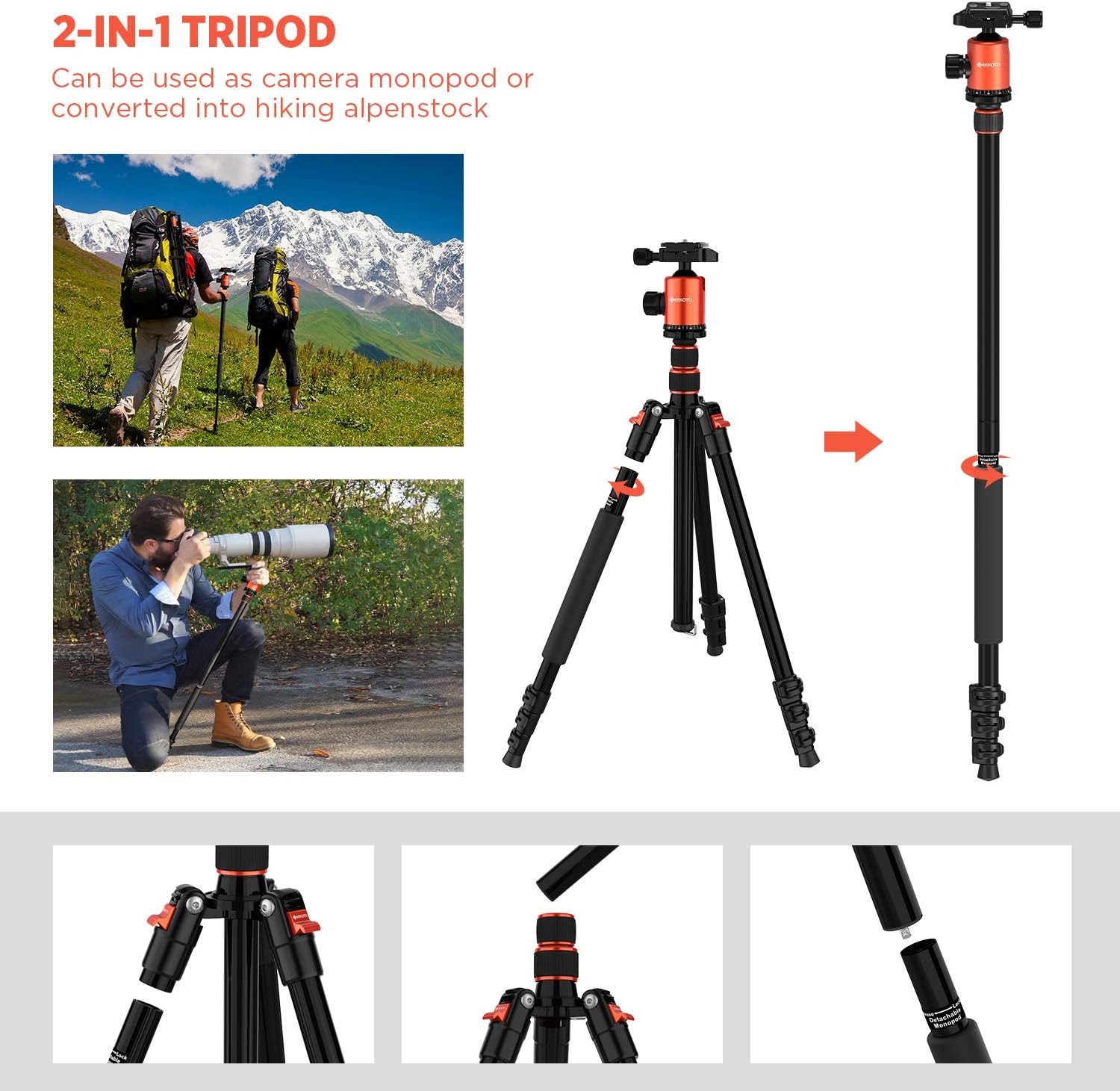 GEEKOTO 77'' Tripod, Camera Tripod for DSLR, Compact Aluminum Tripod with 360 Degree Ball Head and 8kgs Load for Travel and Work
