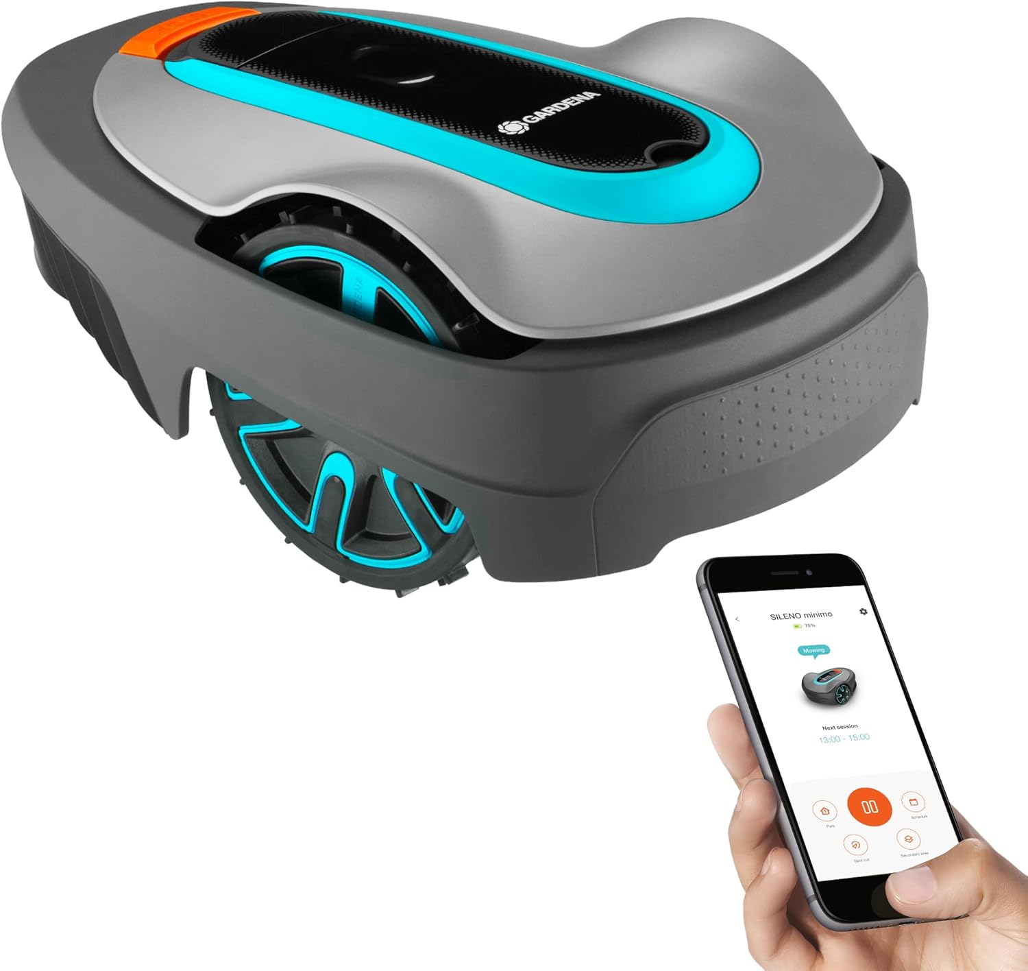 GARDENA SILENO Minimo - Fully automatic robotic lawnmower with Bluetooth App, quietest in the market, boundary wire included, for lawns up to SILENO Minimo 5400 sq ft, Grey