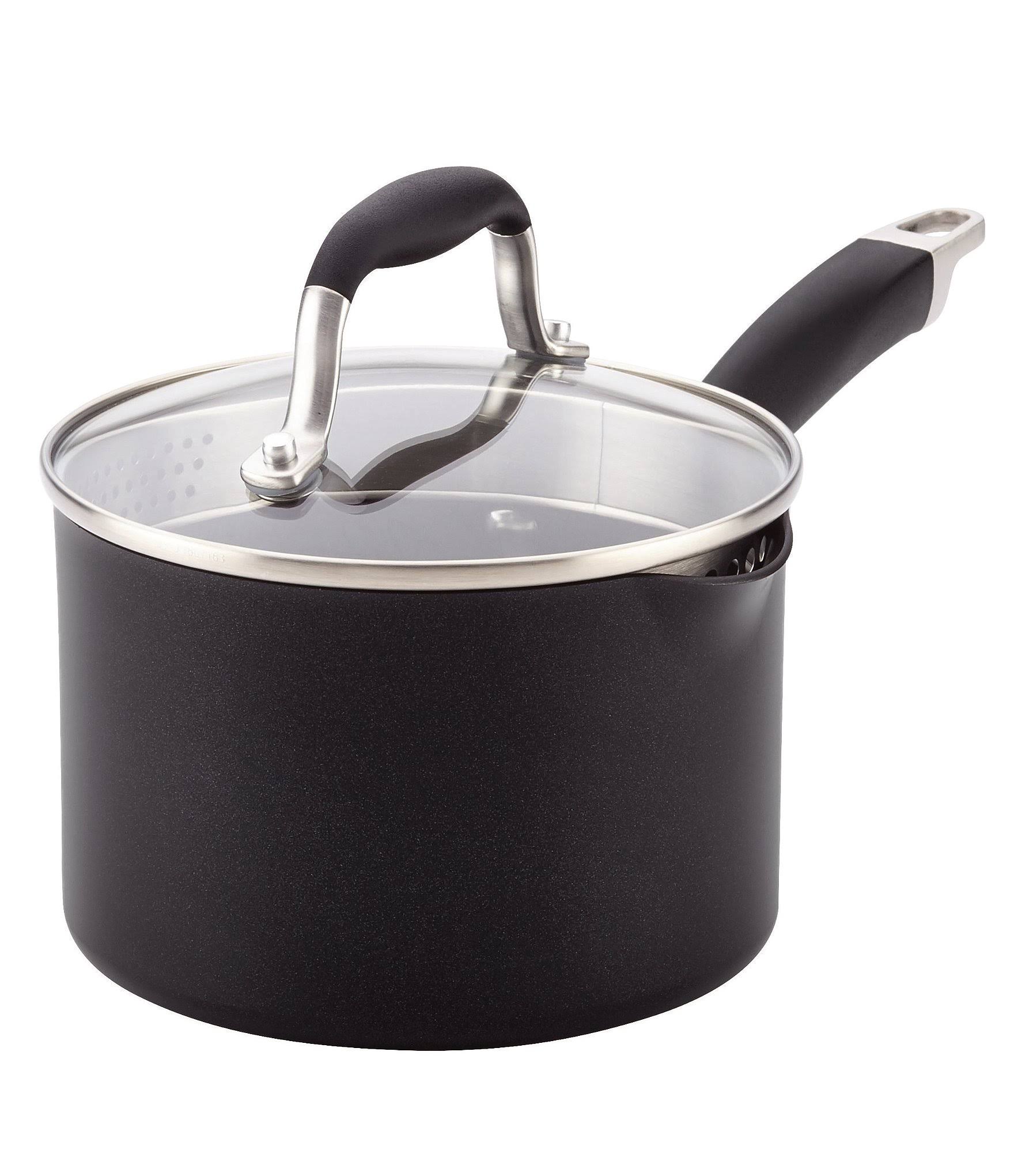 Anolon Advanced Onyx Hard Anodized Nonstick 2 qt. Covered Straining Saucepan with Pour Spouts