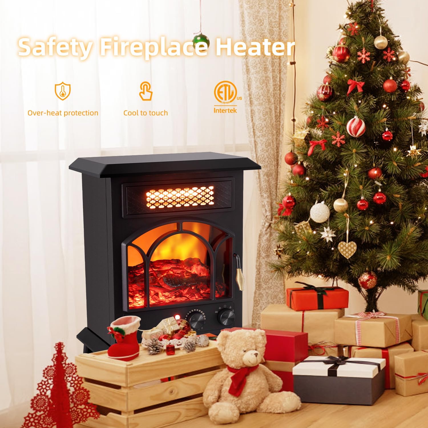 Standing Electric Fireplace Heater – 1500W Portable Infrared Stove with Realistic Flame Effects, 2 Heat Settings, Cool-Touch Exterior, Overheat Safety Shutoff