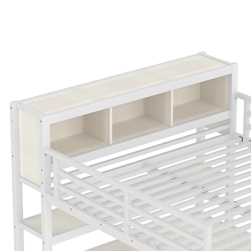Linique Metal Loft Bed with Wardrobe & L-Shaped Desk - Sturdy Space-Saving Loft Bed Includes Storage Cubes, Shelves for Kids, Teens, Adults (White, Queen)