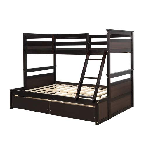 Twin Over Full Bunk Bed with Ladder, Solid Wood Bunk Beds Twin Over Full Size with Guardrail, Twin Over Full Bunk Bed Frame, Can Be Separated Into Twin/Full Size Bed, No Box Spring Needed (Gray)