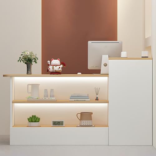 Front Desk Reception Counter, Retail Checkout, Modern Cashier Cabinet, Wooden Cashier Counter with Storage Space for Clothing Salon Shop Hotel(White+Grey+Right High)