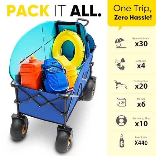 Heavy Duty Beach Wagon with 9" Big Sand-Proof Wheels – 440lb Capacity, Sekey 200L Oversized Foldable Cart | Adjustable Handle & All-Terrain Tires for Sand, Camping, Groceries. Blue&White