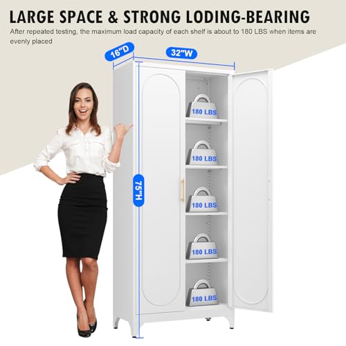 Metal Storage Cabinet with Doors and Shelves, 71 Inch Tall Kitchen Pantry Cabinet, Pantry Cabinets for Kitchen Storage, Freestanding Cupboard for Living, Dining Room, White, Assembly Required