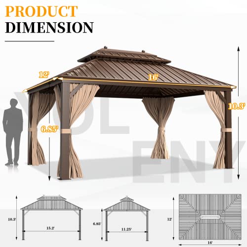 YOLENY 10' x 12' Hardtop Gazebo, Wood-Looking Gazebo with Galvanized Steel Double Roof, Aluminum Frame, Permanent Metal Pavilion with Netting and Curtains for Deck, Backyard, Patio and Lawns