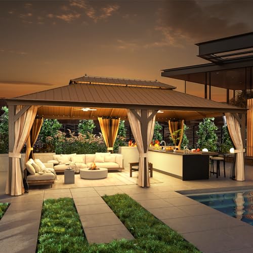 MELLCOM 12'x16' Hardtop Gazebo, Galvanized Steel Metal Double Roof Canopy with Curtains and Netting, Brown Permanent Pavilion Gazebos with Aluminum Frame for Garden, Patio, Lawns, Deck