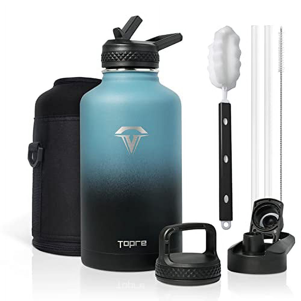 Water Bottles 64 oz, Topre Insulated Water Bottle with Straw, Double Walled Vacuum Stainless Steel Water Bottle , Leak Proof Large Water Bottle with 3 Lids & Brush, Sport Water Bottle For Gym Camping