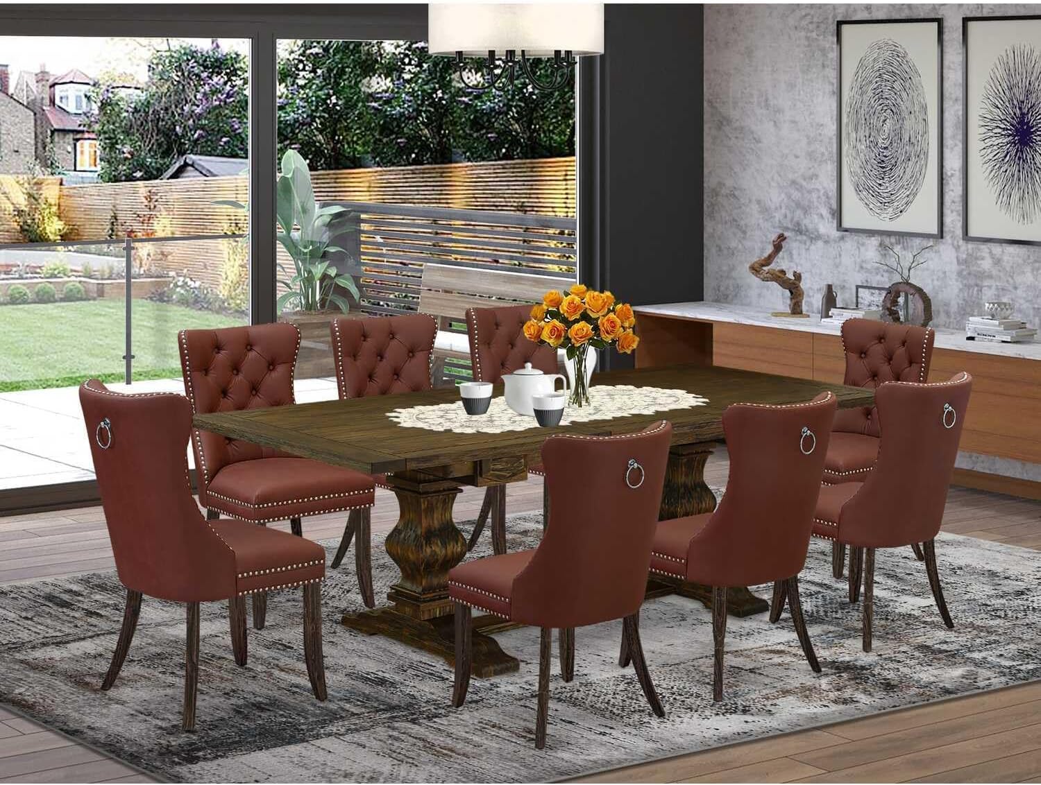 9 Piece Dining Set Includes A Rectangle Kitchen Table with Coastal Charm Leaf and 8 Chairs, Distressed Jacobean