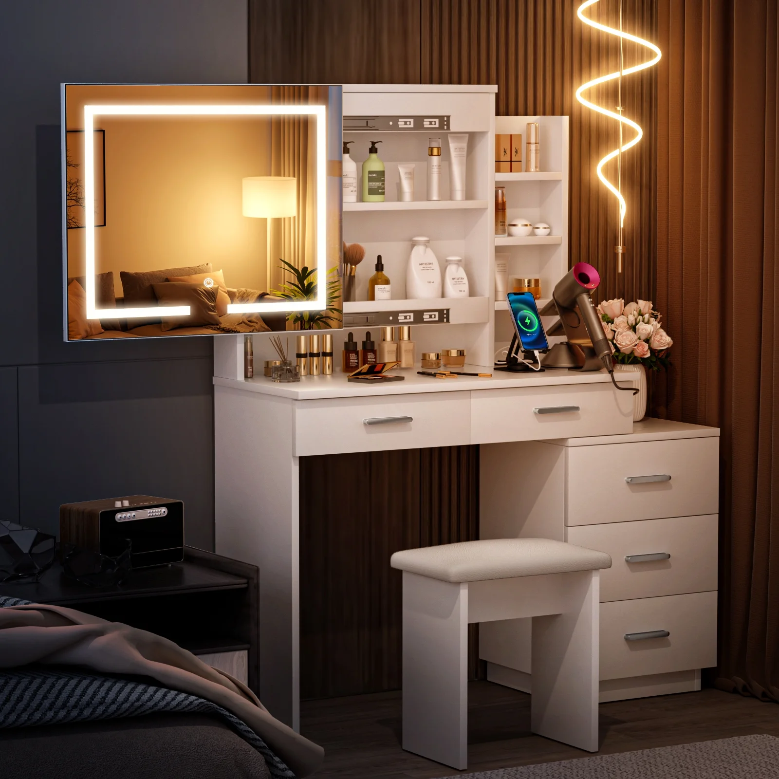 Large Makeup Vanity Desk with Sliding Lighted Mirror Power Outlet Movable 3-Drawer Chest and Shelves White