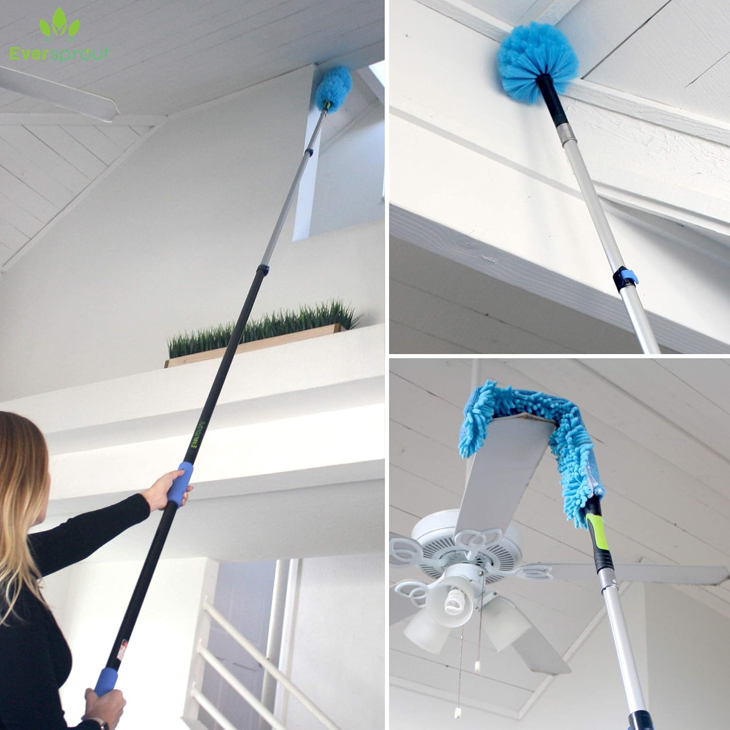 EVERSPROUT 7-to-20 Foot Extension Pole Total Kit (25+ Ft Reach) | Telescopic Pole, Scrub Brush, Light Bulb Changer, Hook, Swivel Squeegee, 3x Microfiber Dusters (Cobweb, Flexible Ceiling Fan, Feather)