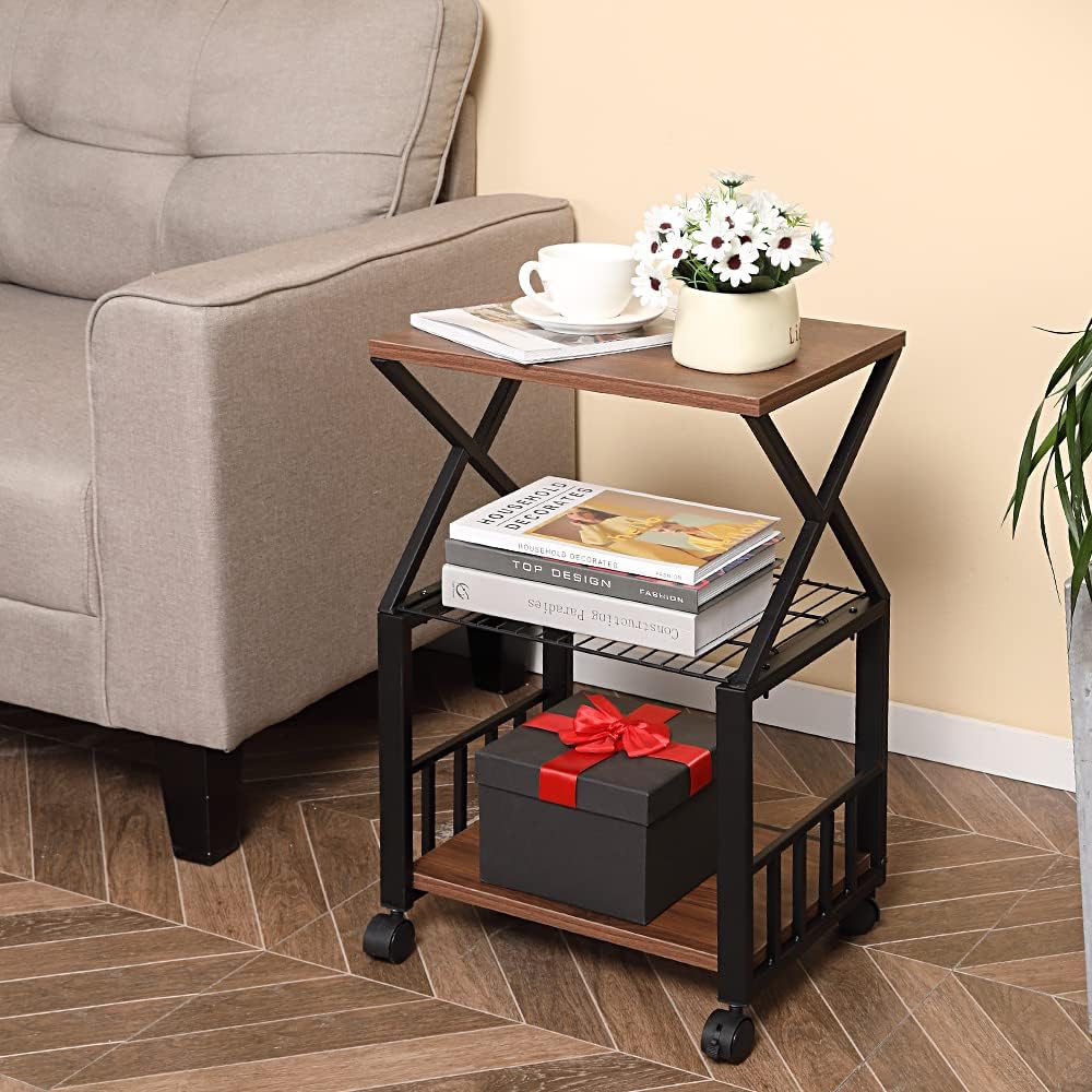 Mobile Printer Stand, Butizone 3-Tier Printer Shelf with Wheel, Rolling Printer Cart Under Desk, Storing Fax Machine, Scanner, Files, Books, for Home, Office, Kitchen, Rustic Brown