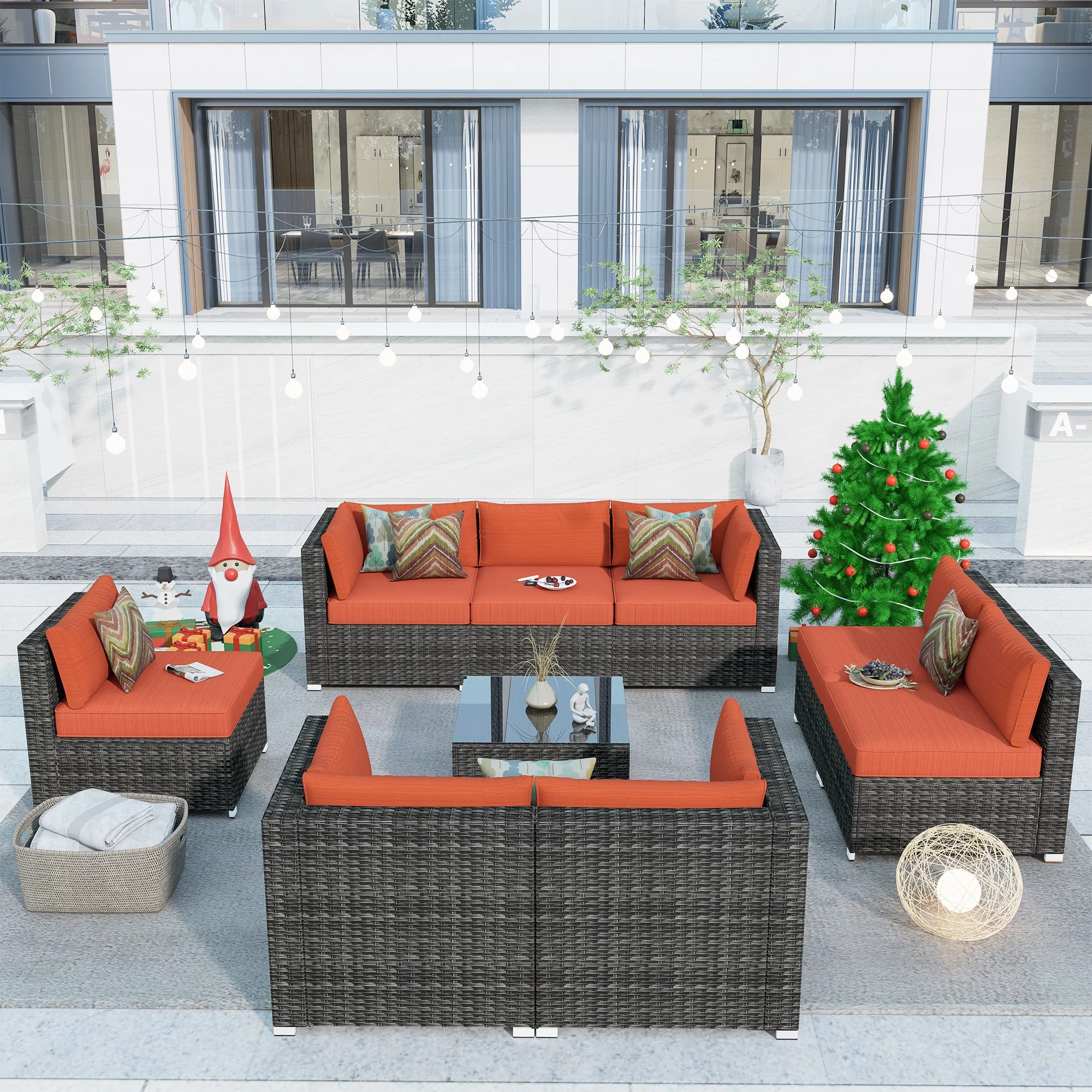 Ovios 9 Piece Outdoor Furniture All Weather Wicker Patio Conversation Sectional Sofa Set with Coffee Table for Garden Backyard (Orange Red)