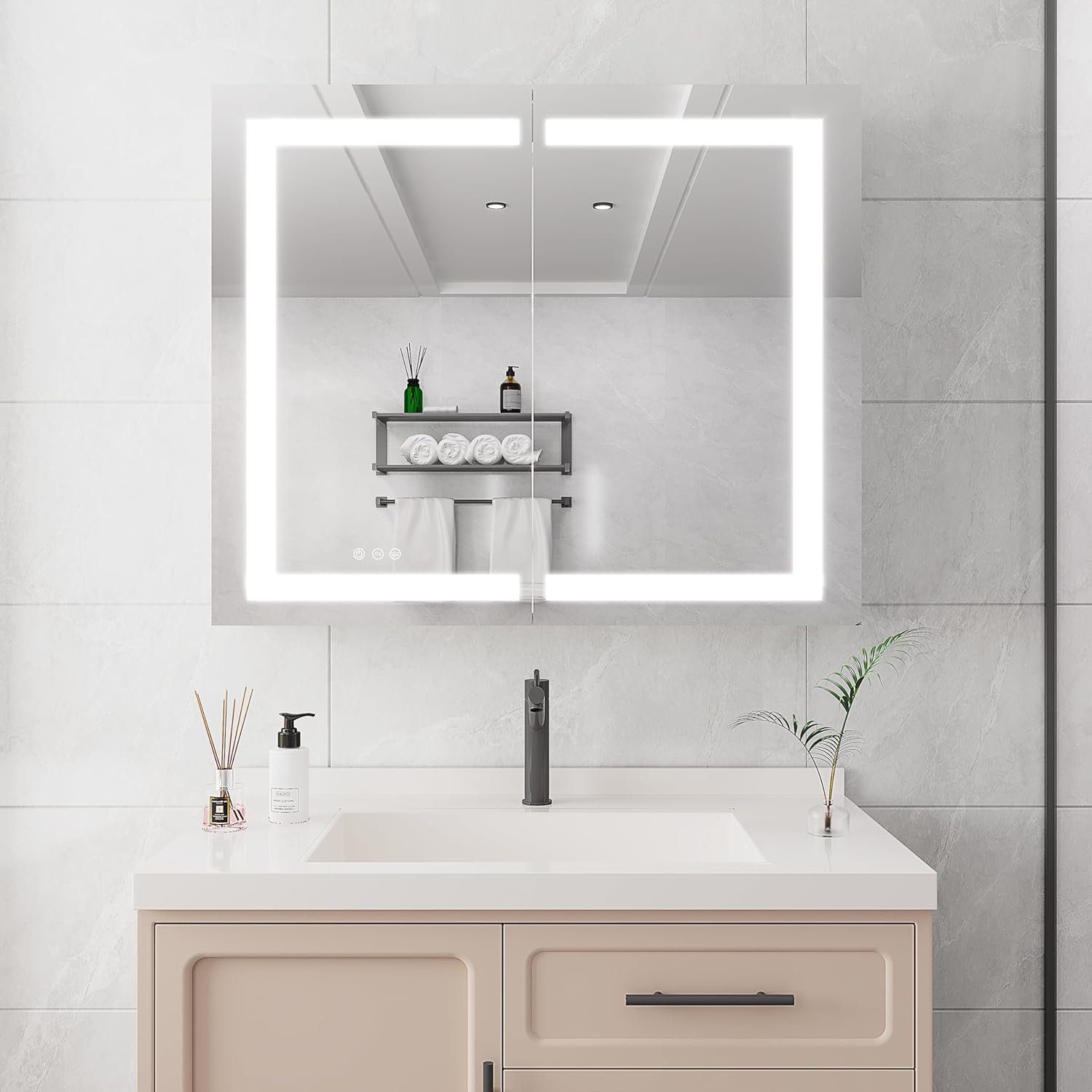 36 x 30 inch Medicine Cabinet with LED Vanity Mirror, Anti-Fog, Recessed or Surface Mount, Waterproof, Dimmable, Aluminum 3000K~6000K Lighted Double Door Bathroom Cabinet with Touch Switch