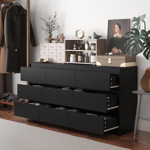 Hitow 9 Drawer Dresser for Bedroom with Deep Drawers, Large Floor Wood Dressers & Chest of Drawers Handle Free, Modern Black Long Dressers for Closet Living Room, Euro Slide (63"W x 15.7"D x 31.5"H)