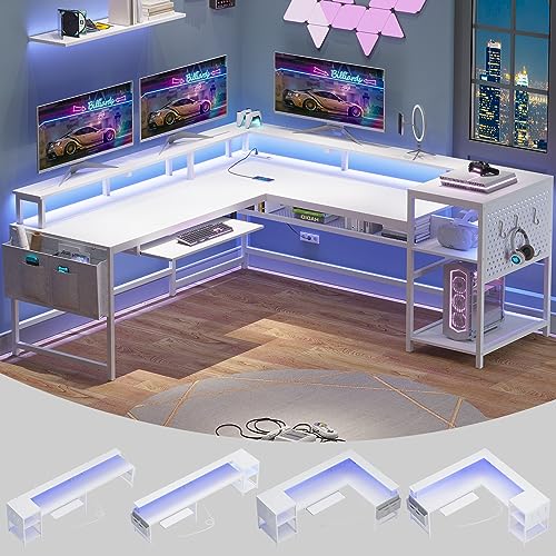 SEDETA L Shaped Gaming Desk, Reversible Computer Desk, Gaming Desk with Power Outlets & LED Strip, Monitor Shelf, Keyboard Tray, Pegboard and Storage Shelves for Home Office, Black