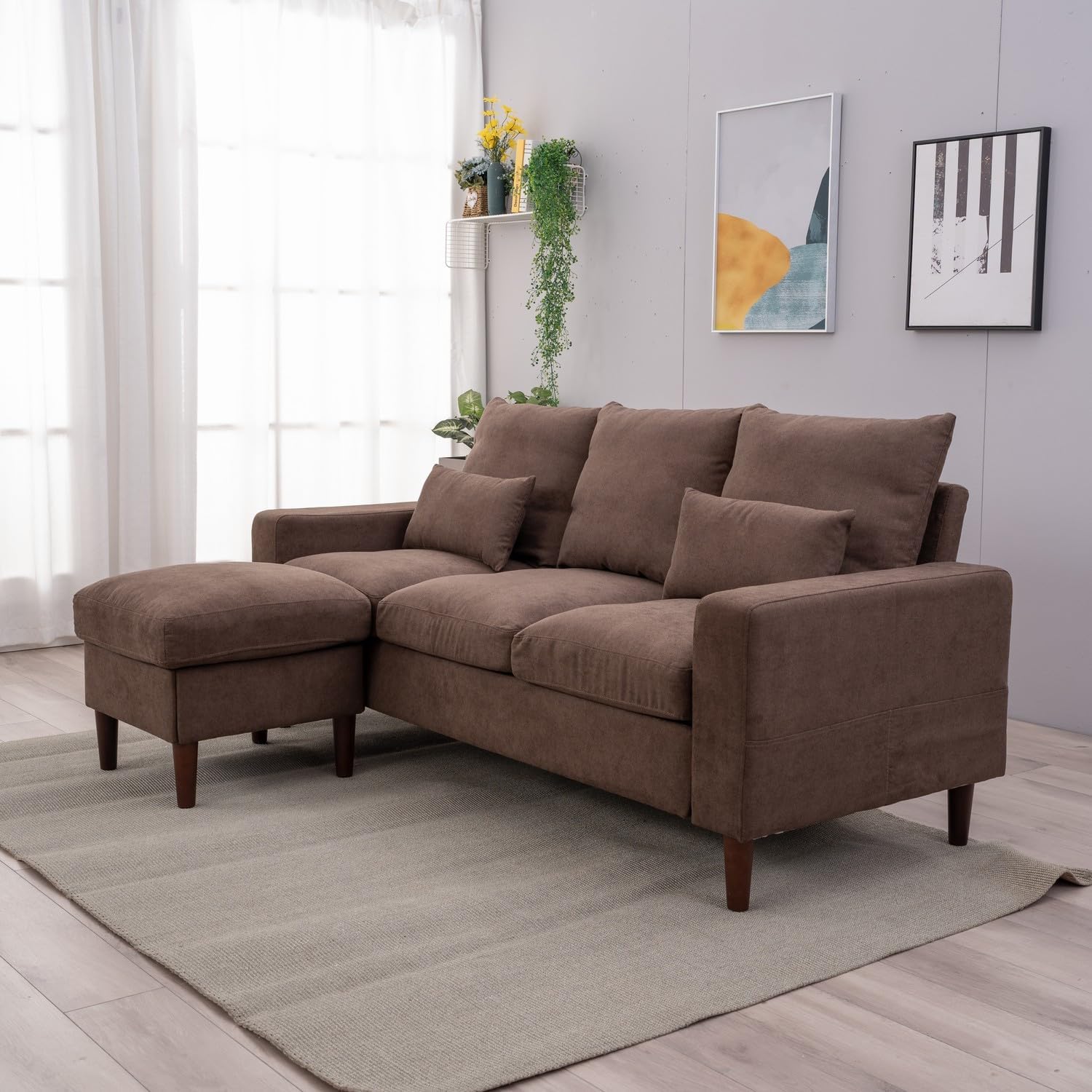 Panana Convertible Sectional Sofa Couch Modern L-Shaped Couch 3 Seat Fabric Sofa for Small Space (Brown)