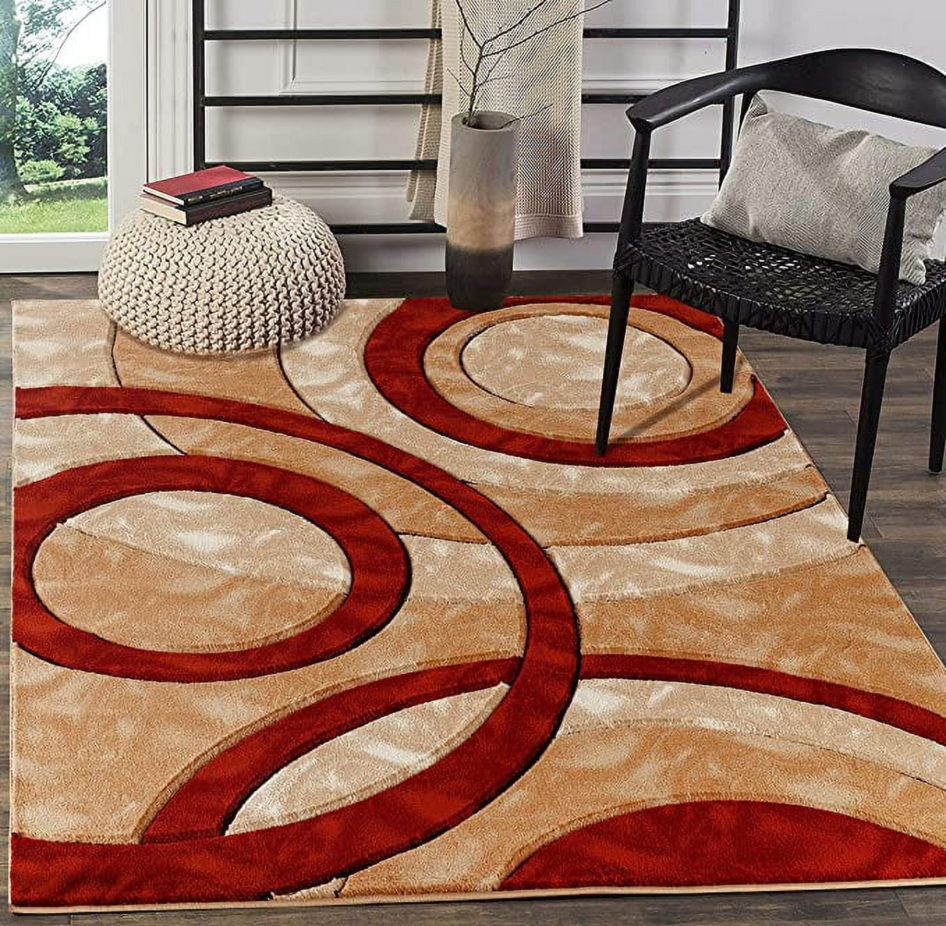Glory Rugs Area Rug Modern 8x10 Dark red Circles Geometry Soft Hand Carved Contemporary Floor Carpet Fluffy Texture for Indoor Living Dining Room and Bedroom Area