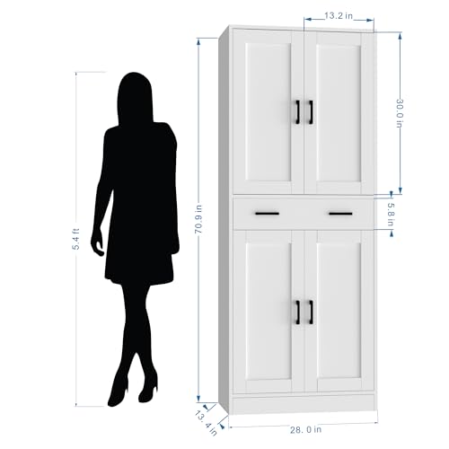 White Kitchen Pantry Cabinet, 71" Tall Kitchen Storage Cabinet with doors and drawer, Freestanding Wooden Storage Cabinet for Kitchen, Dining room, Hallway