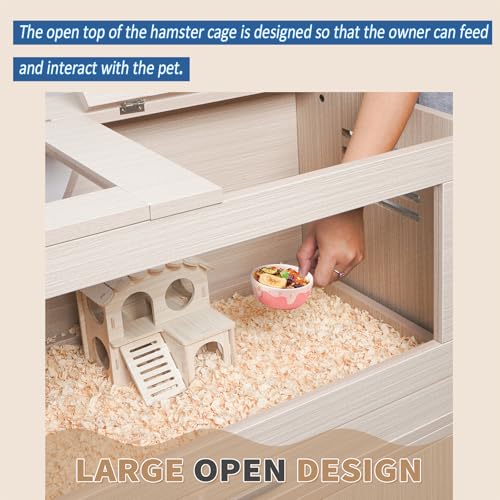 Hamster Cage with Storage Cabinet Small Animal Cage, Easy View Acrylic Panels, Large Habitat for Hedgehog Gerbil & Rat 31.5" Lx 15.75" x 32.28" (Teak)