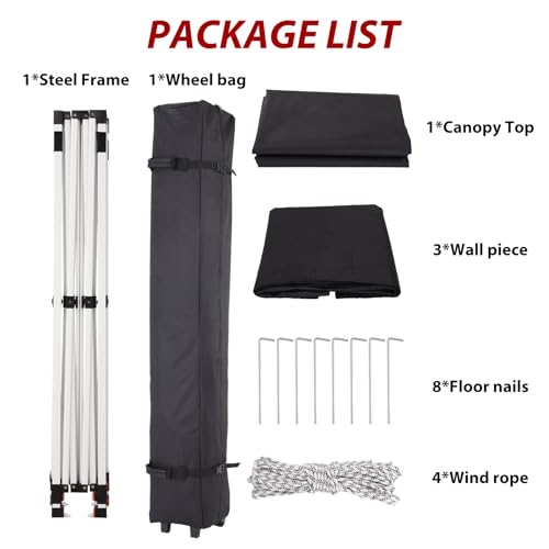 Commercial Canopy Tent 10*10ft,Instant Gazebo Tent, Outdoor Portable Shelter With 3 Sidewalls, Windows, Wheeled Bag,Stakes and Ropes,Pop Up Canopy Tent for Outdoor/Parties and Events-black