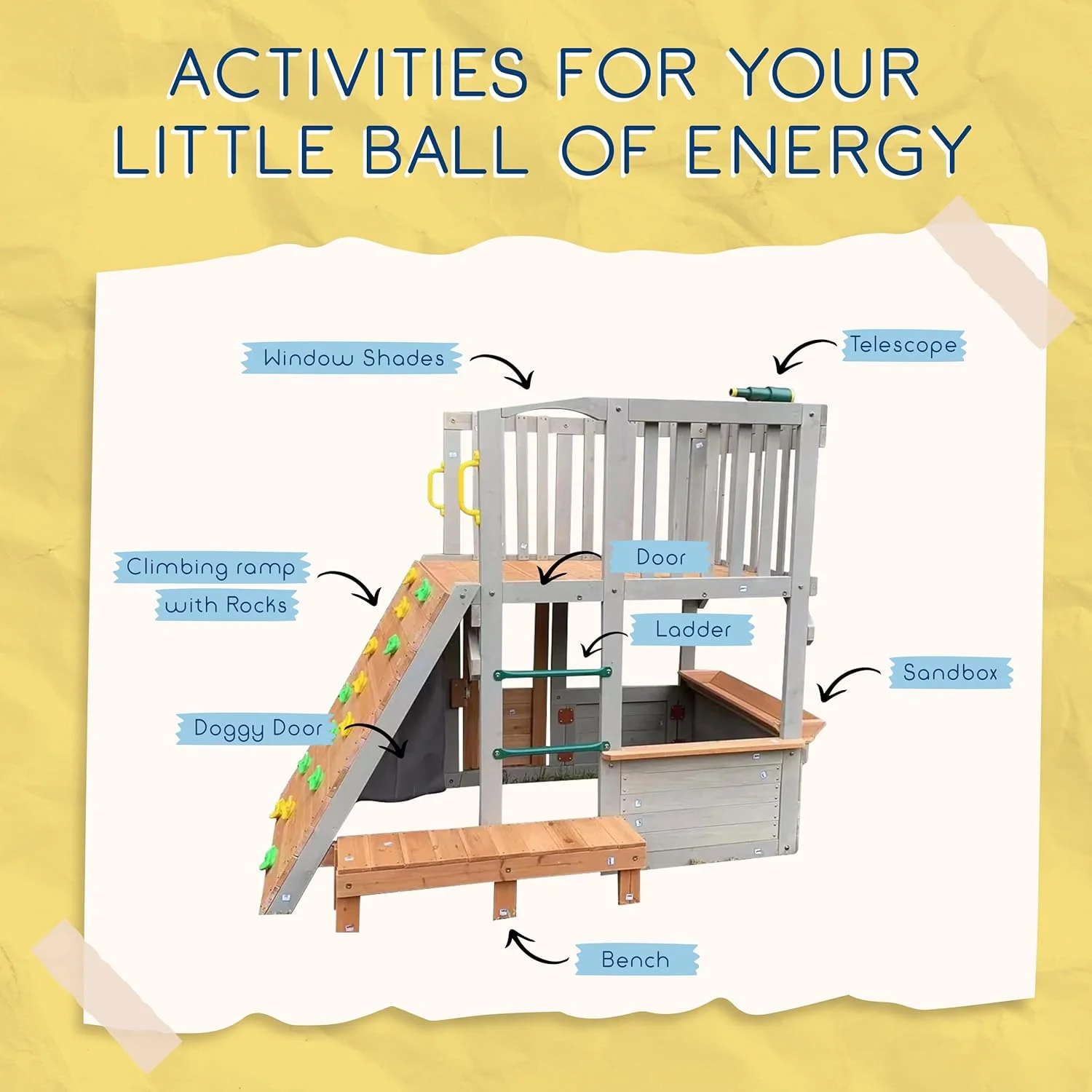 Large Playhouse for Kids Outdoor - Funphix Wooden Playhouse with Sandbox, Bench, Play Telescope, Ladder, Climbing Ramp & Doors - Durable 2 Levels Lookout Post Outdoor Playset for Backyard
