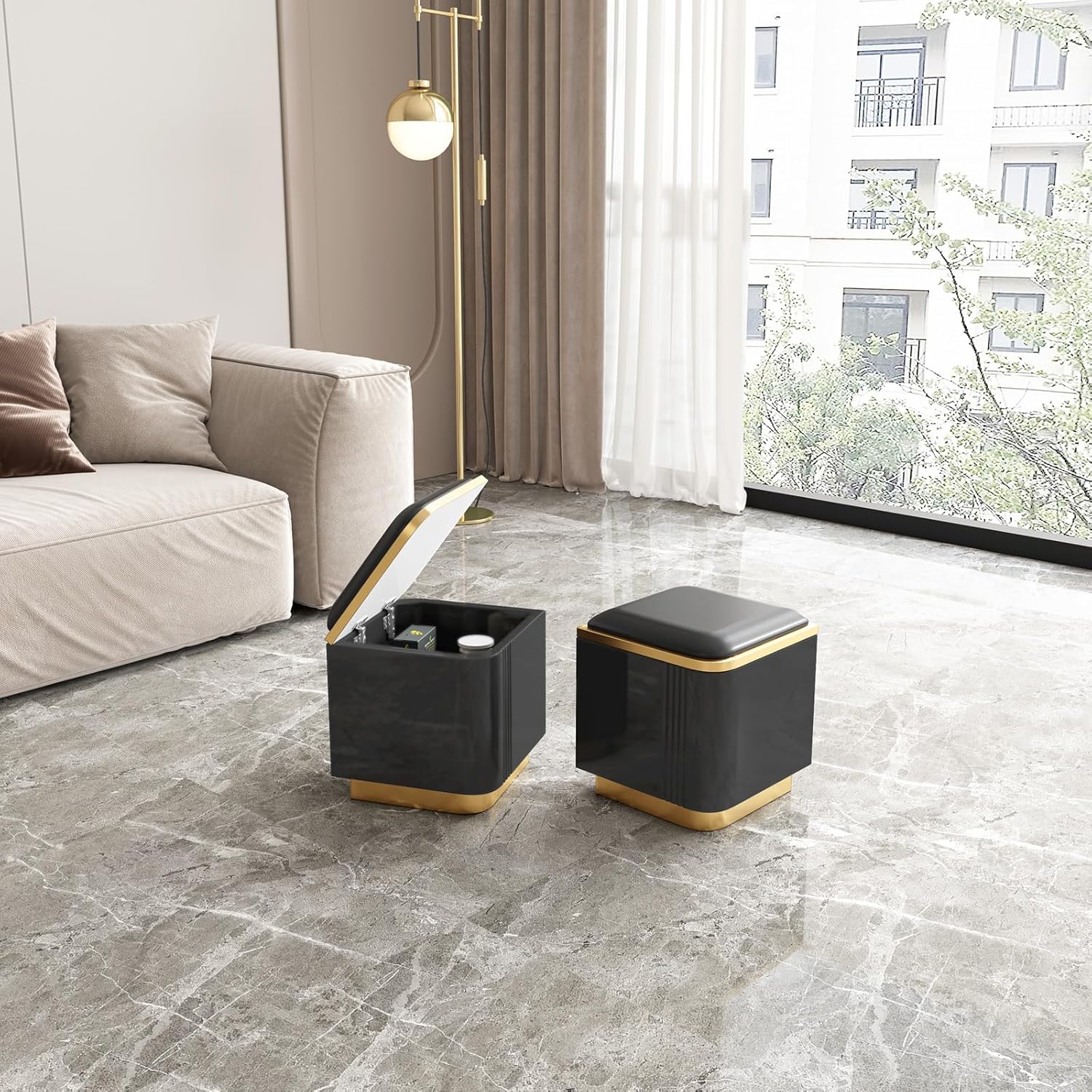 Black Lift Top Coffee Table with 4 Storage Stools, 3 in 1 Multifunctional Storage Coffee Table, Coffee Table with Lift Top, Adjustable Coffee Table Converts to Dining Table for Living Room