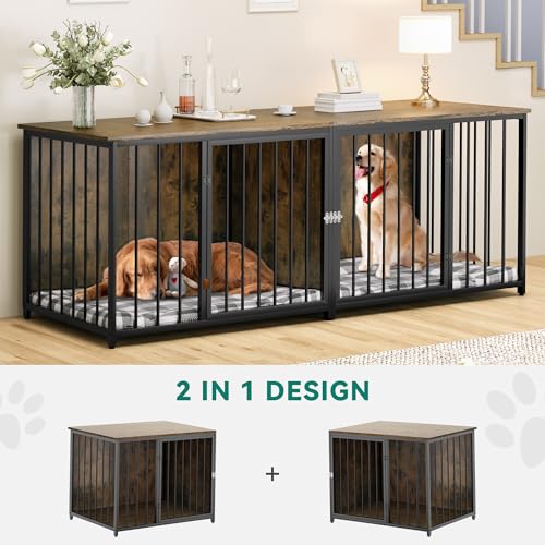 DWVO Double Dog Kennel Furniture, 80.2" Dog Cage Furniture with Divider, Double Dog Crate TV Stand for 2 Medium Dogs, Black