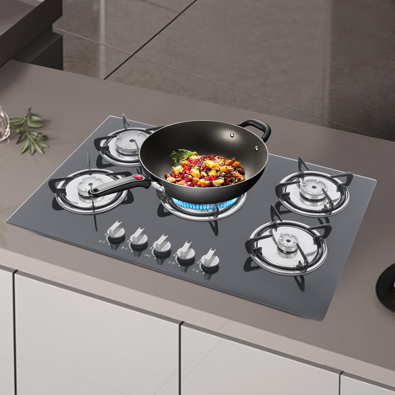30 Inch Gas Cooktop, 5 Burners Gas Stovetop Cooktop Tempered Glass Built-in LPG/NG Convertible Gas Hobs Cooker for HomeKitchen, Restaurant