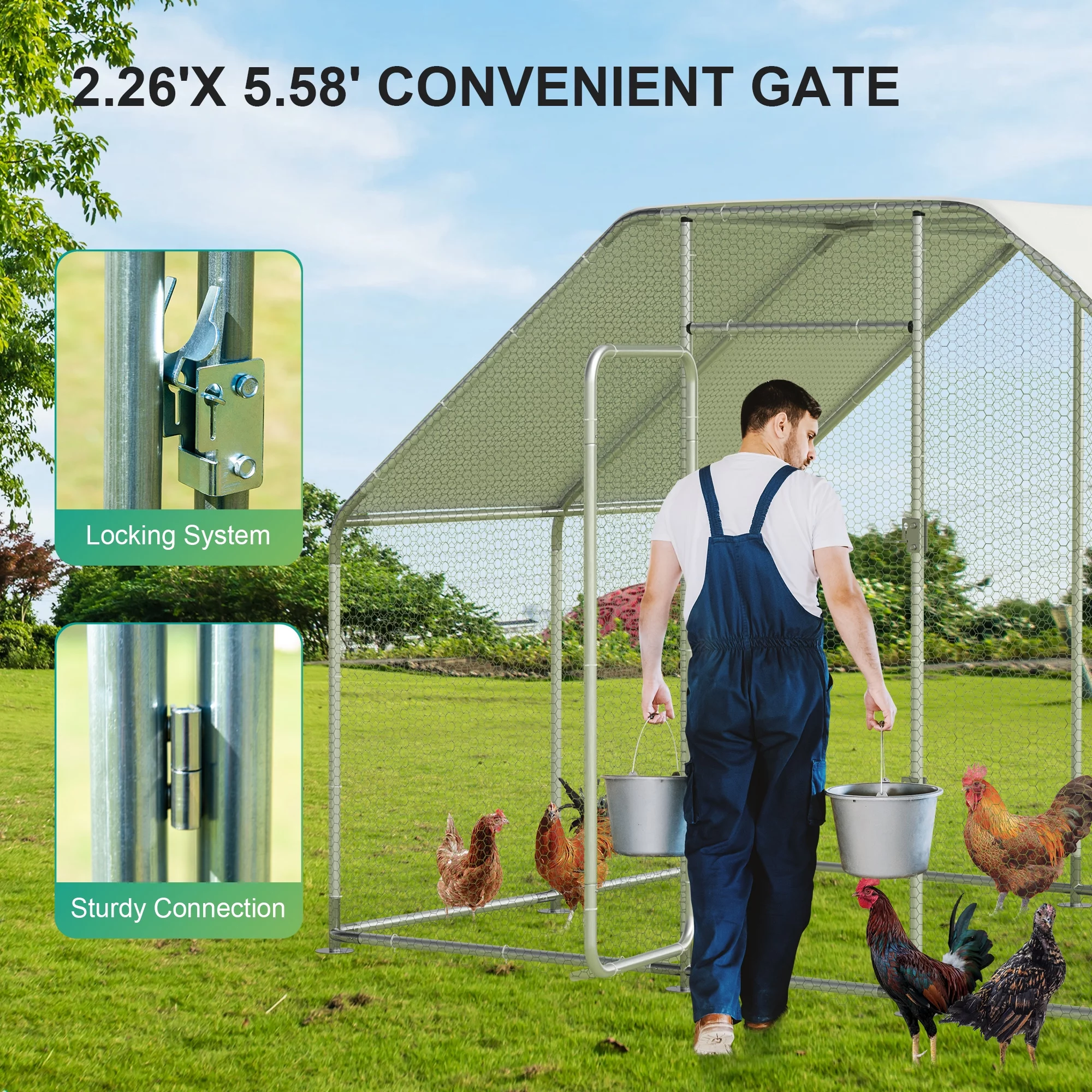 Large Metal Chicken Run, Large Chicken Coop 10x 6.6x6.6FT Flat-Top Heavy Duty Outdoor Chicken Pen Duck & Rabbit Walk-in Poultry Cage with Waterproof & UV-Resistant Cover for Backyard Farm