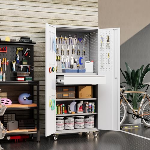 73" H Metal Storage Cabinet with Wheels, Garage Storage Cabinet with 4 Adjustable Shelves and Lockable Doors for Garage Home Office Utility Room,Required Assembly,Black