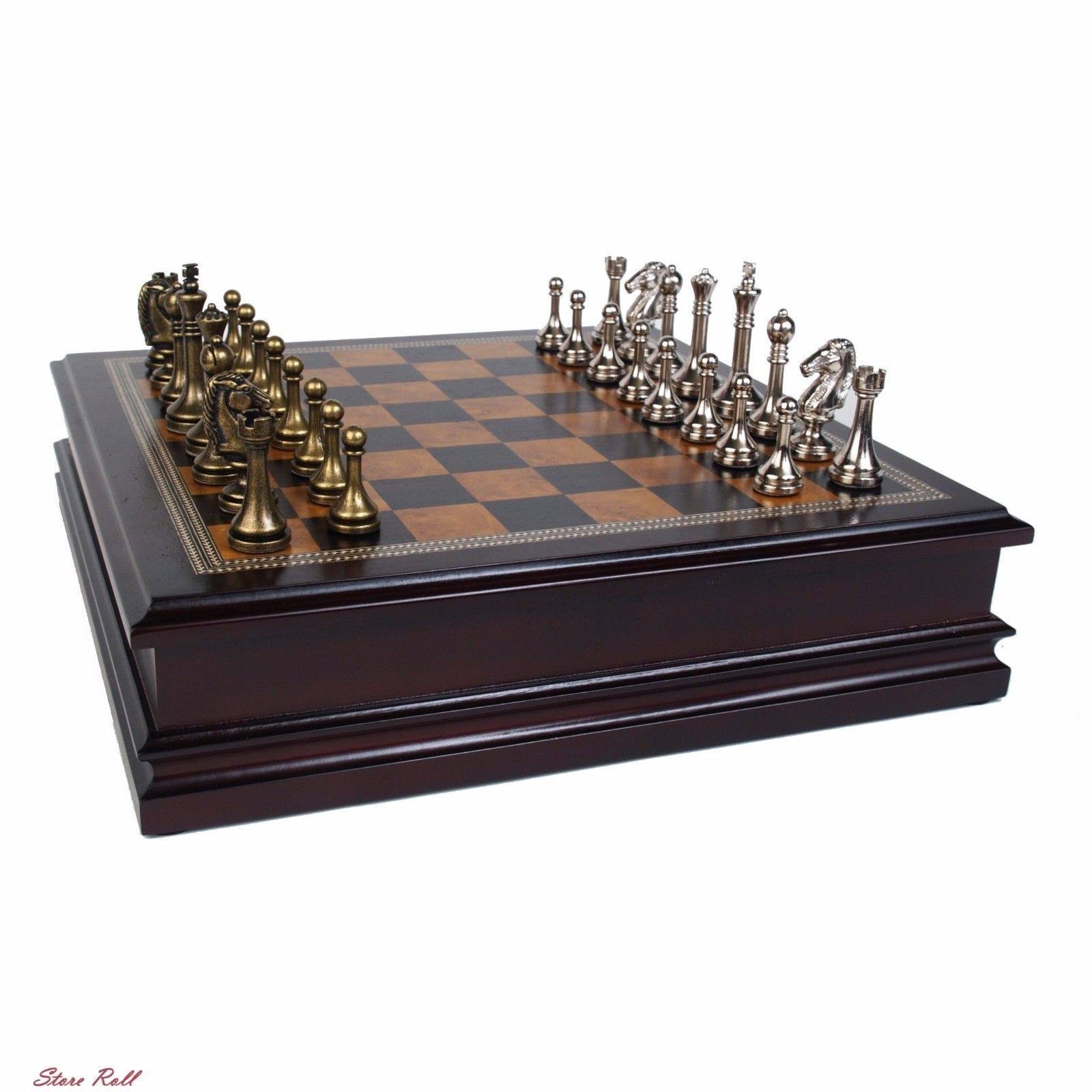 Metal Chess Set with Deluxe Wood Board