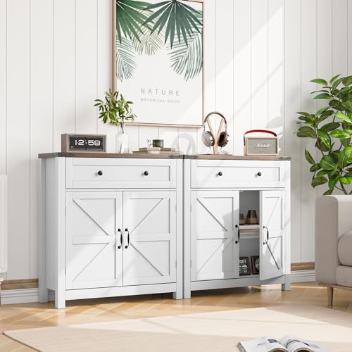 Walnut Buffet Sideboard Cabinet with 2 Barn Doors, Farmhouse Coffee Bar Cabinet, Bathroom Cabinet with Adjustable Shelf, Storage Cabinet for Kitchen, Living Room, Entryway, Bathroom