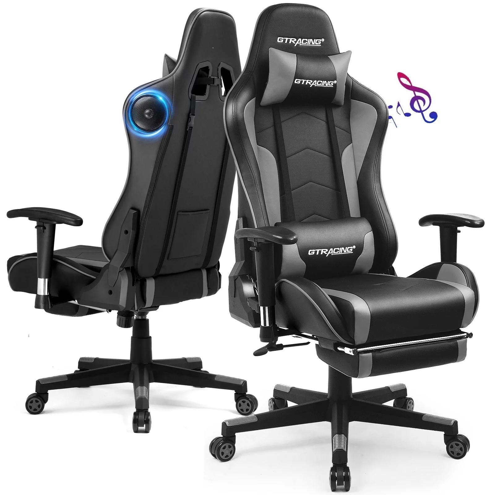 LUCKLIFE Gaming Chair with Speakers Bluetooth and Footrest in Home PU Leather Office Chair, Gray