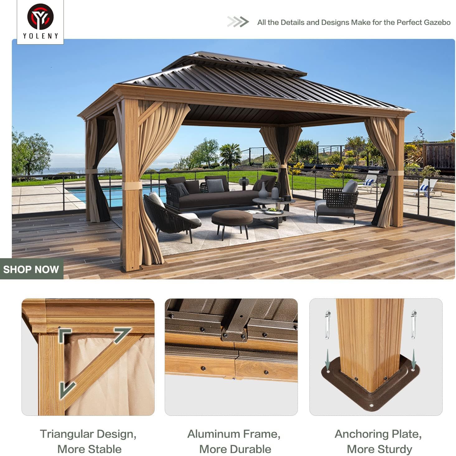 YOLENY 12' x 16' Gazebo, Hardtop Wood-Looking Gazebo with Galvanized Steel Double Roof, Aluminum Frame with Netting and Curtains for Deck, Backyard, Patio, Lawns