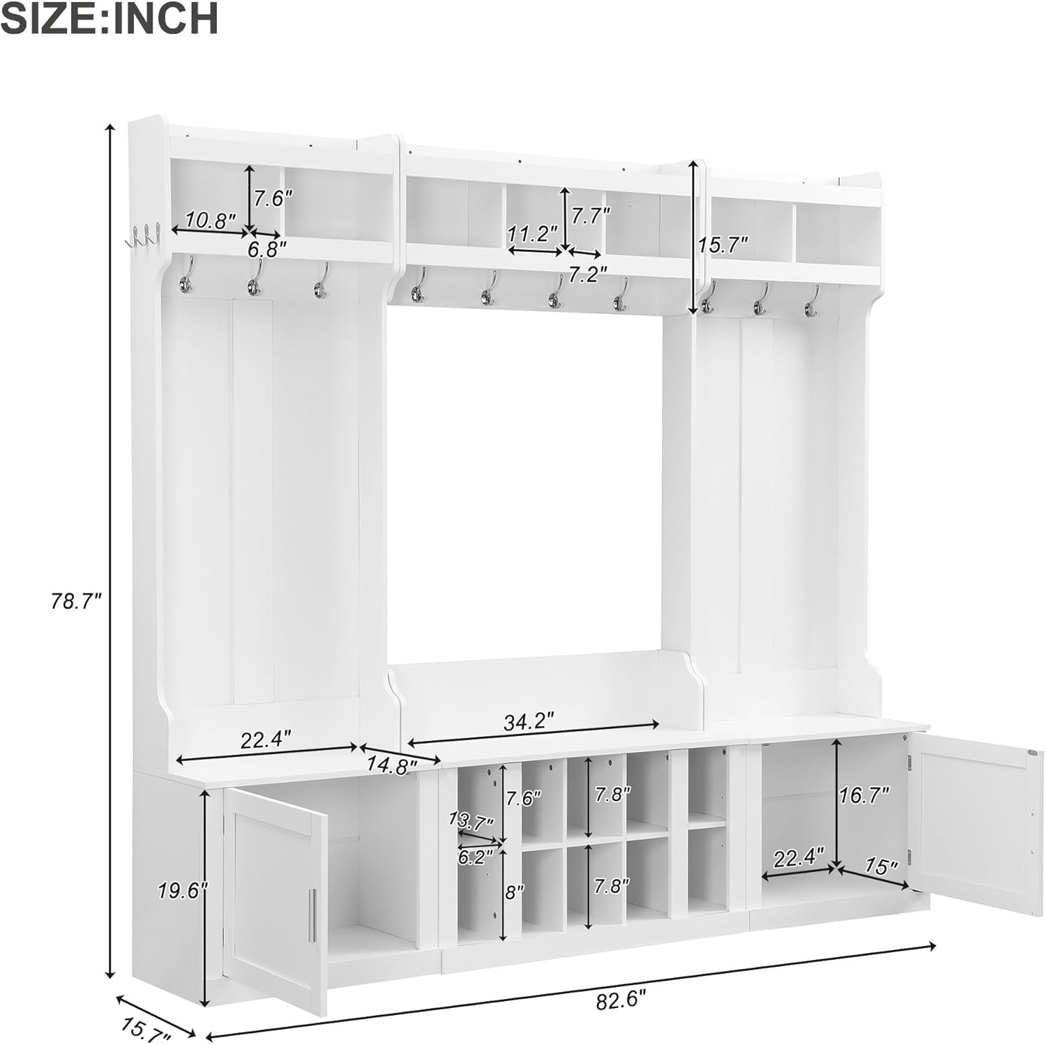 VOXIV Wide Design Hall Tree with Storage and Bench, 4-in-1 Multi-Functional Entryway Bench with Coat Rack and Shoe Cubbies Practical Furniture for Hallway White