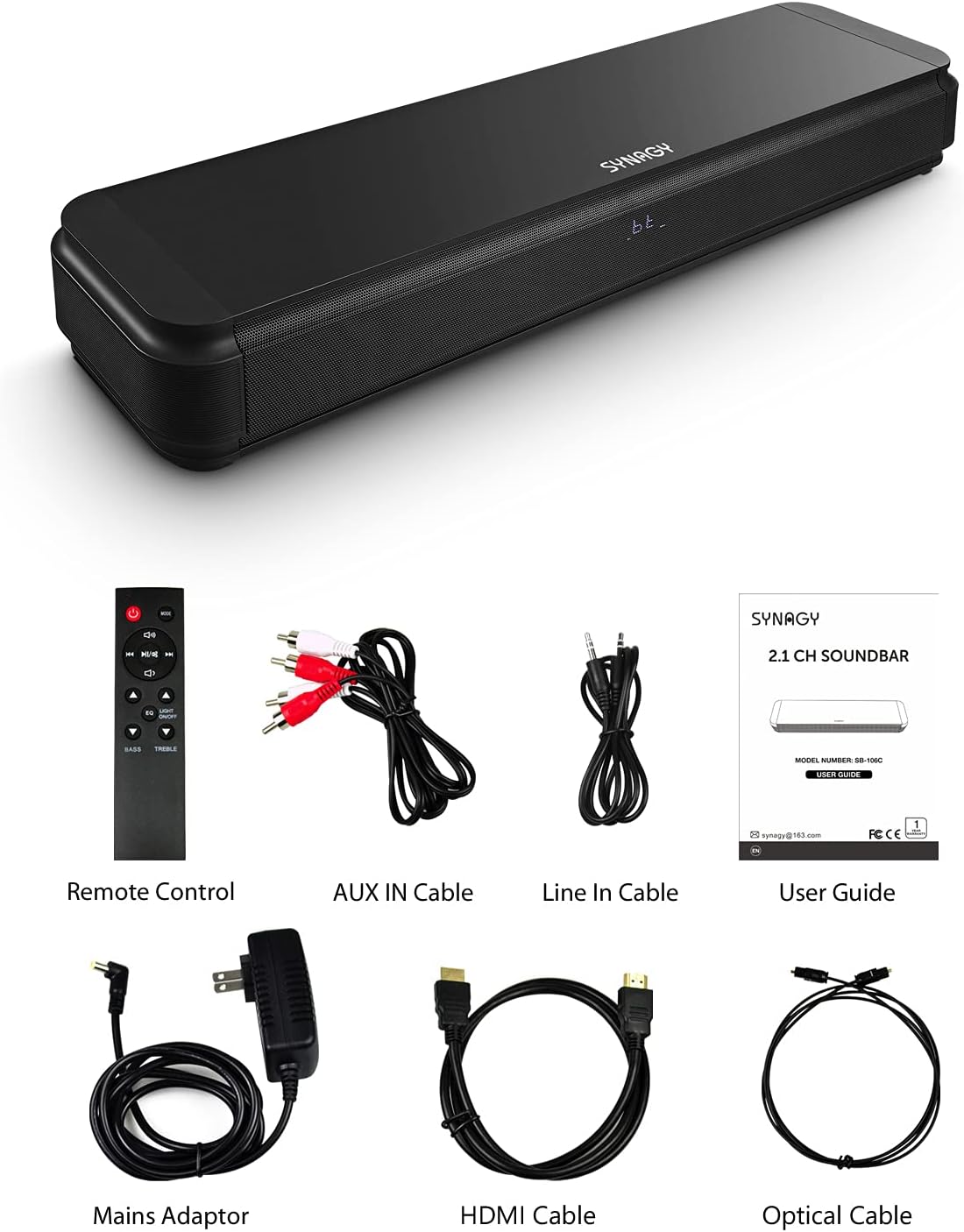 SYNAGY 2.1ch Sound Bar with Built-in Subwoofer, Bluetooth Home Theater Audio Soundbars for TV, Compact Soundbar with HDMI ARC/Optical/Aux-in/Line-in/USB Connectivity, 3 EQ Presets, Adjustable Bass