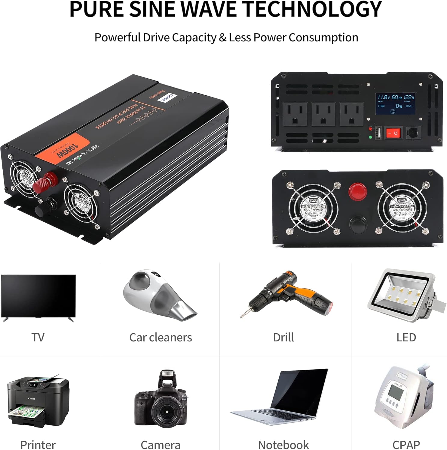Power Inverter, 2000W Pure Sine Wave Inverter DC 12V to AC 120V Car Inverter with LCD Digital Display Remote Control USB Port Power Converter for Travel/Camping