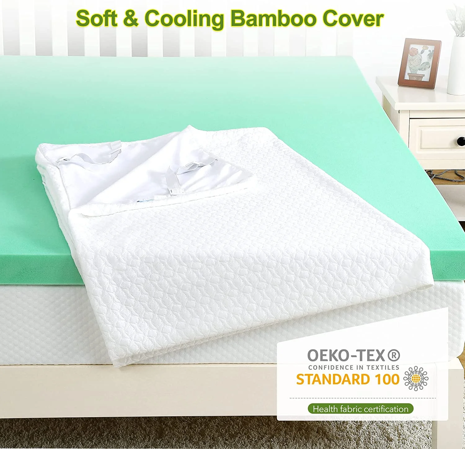Mattress Topper Full, Homhougo 3 Inch Green Tea Memory Foam Mattress Topper with Zippered Bamboo Cover, Soft Bed Topper