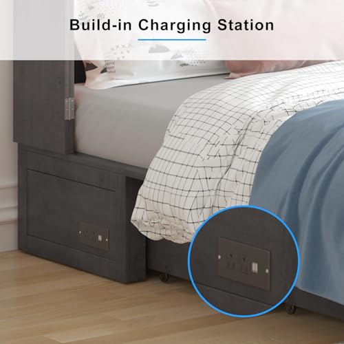PUREMIND Queen Murphy Bed Cabinet with 2 Storage Drawers, Hideaway Murphy Chest Bed with Mattress, Cabinet Beds Wallbed with USB Charging Station for Bedroom, Guest Room