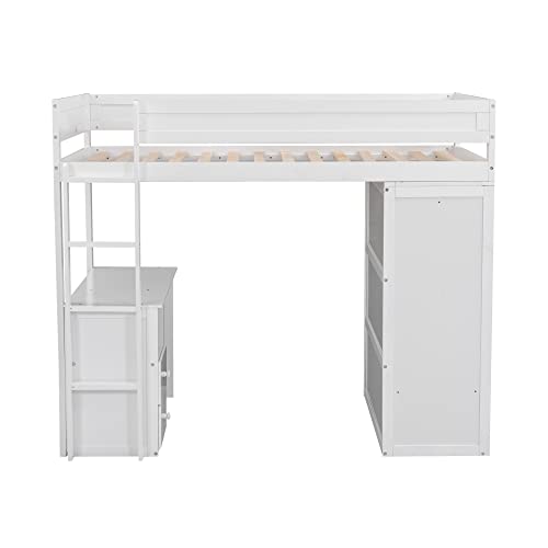 Full Size Loft Bed with Storage Wardrobe and Desk Wooden Loft Beds Frame with Drawers and Cabinet Wood High Loft Beds with Ladder for Kids Teens Adults, White