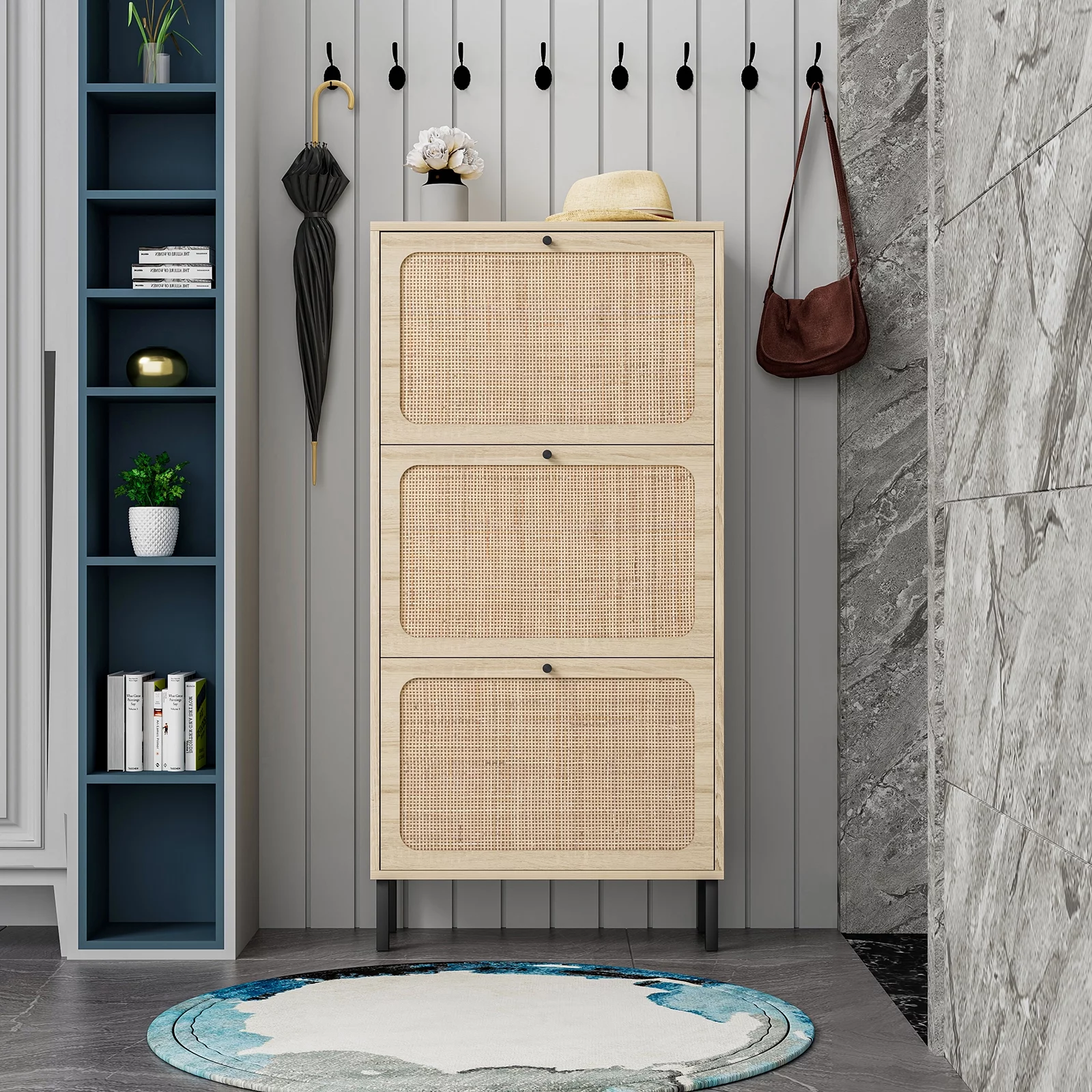 Sweiko Wooden Shoe Storage Cabinet with 3 Flip Drawers for Entryway Store 18 Pairs Natural Rattan