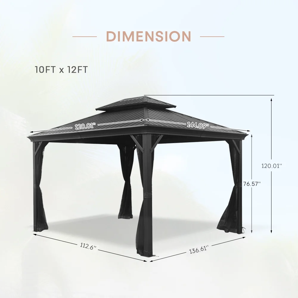 FineFind 10ft x 12ft Hardtop Gazebo with Netting for Patios, Lawn, Backyard and Deck(BLACK)